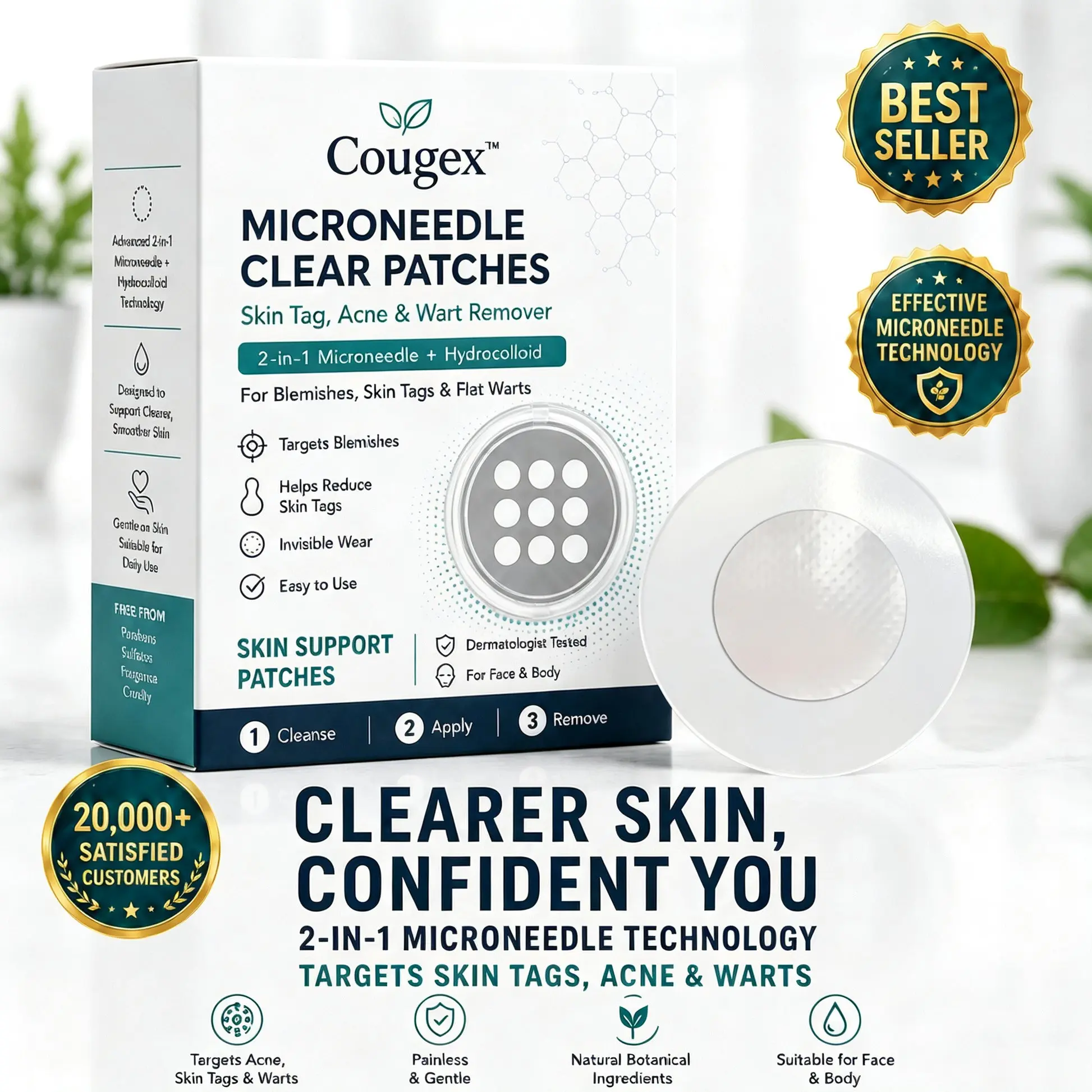 Cougex™ 2-in-1 Microneedle & Hydrocolloid Botanic Skin Tag Removal Patch