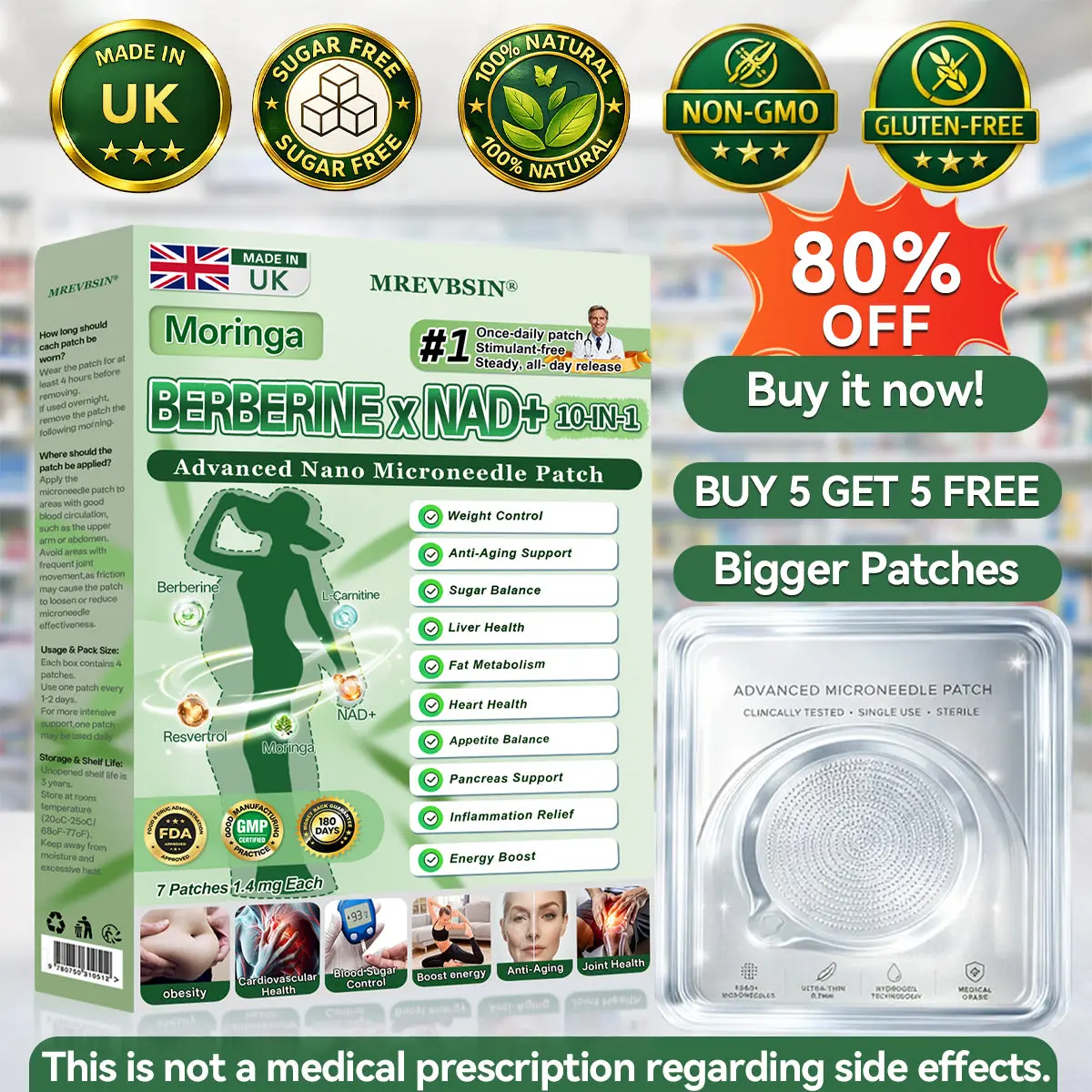 Moringa Berberine ร NAD+ 10-in-1 Advanced Nano Microneedle Patch